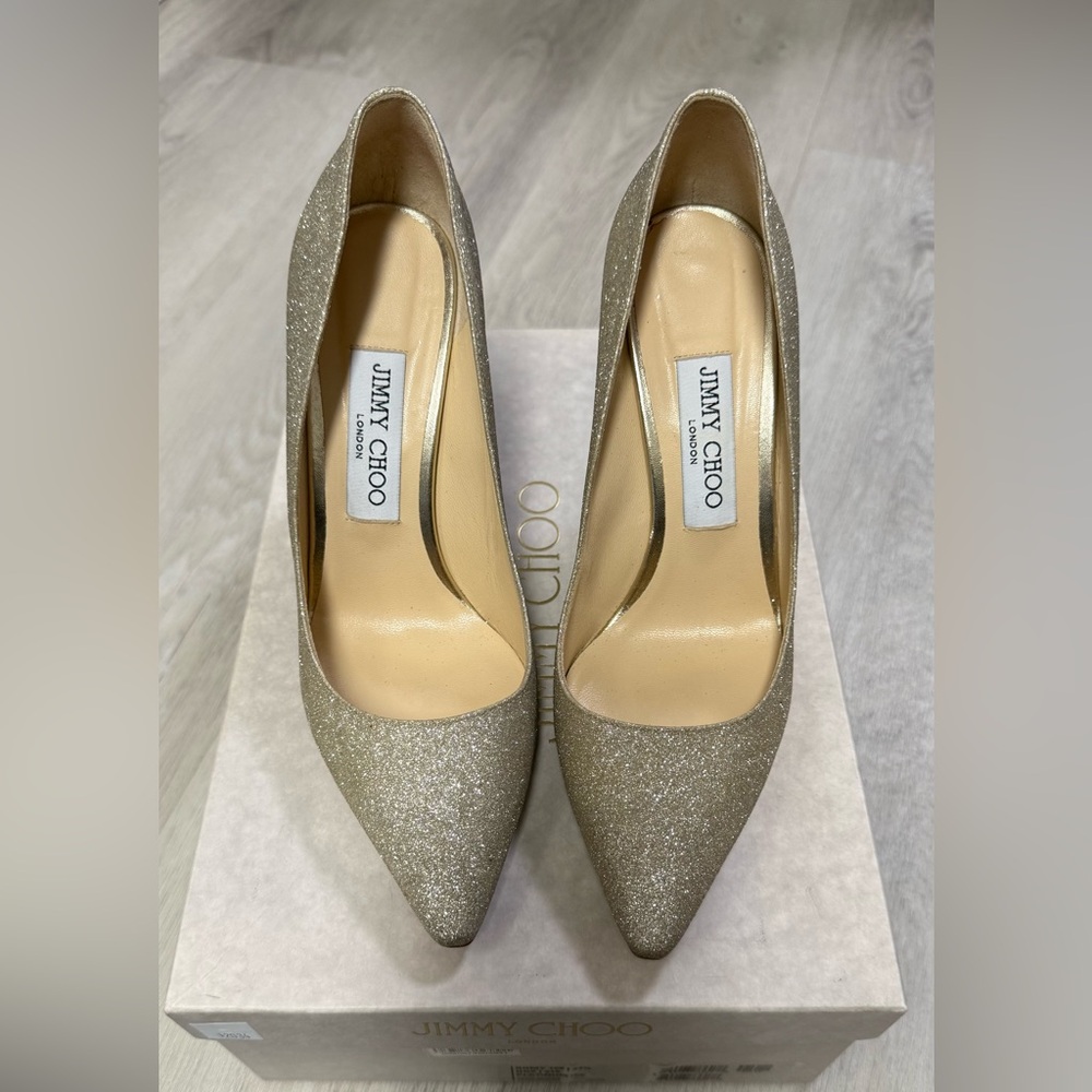 Jimmy Choo Romy 100 in Platinum Ice (Dusty Glitter)